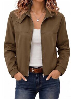 🆕Women’s Brown Cropped Zip Up Jacket Funnel Neck Bubble Back Moto Coat